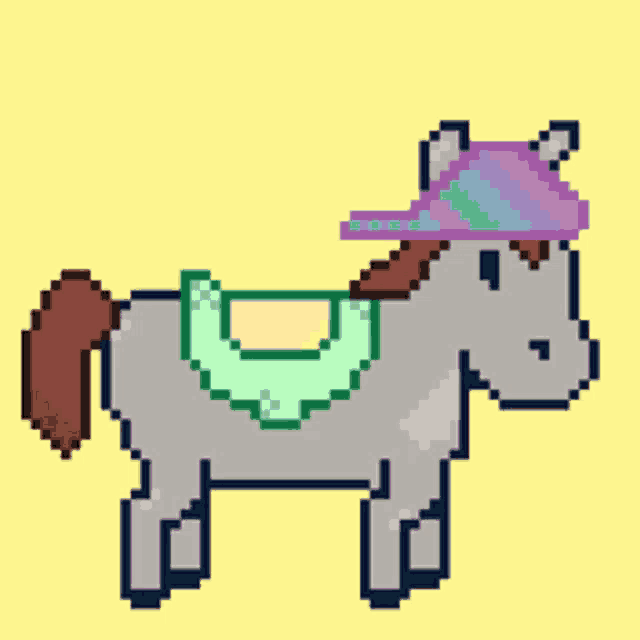 a pixel art horse wearing a purple hat