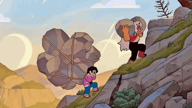 a cartoon drawing of steven and jasper carrying a large rock