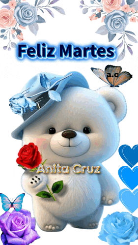 a teddy bear holding a rose with the words feliz martes written on it