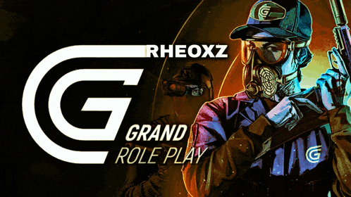 a poster for rheoxz grand role play with a man in a gas mask holding a gun