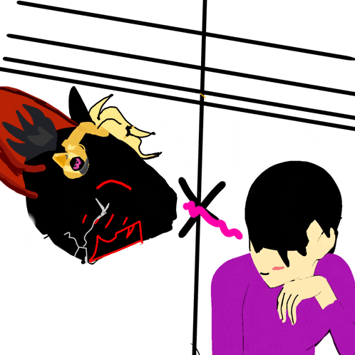 a drawing of a man looking at a monster with a purple shirt on