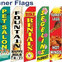 a set of banner flags for a pet salon , bike rentals , segelina , turkey legs and hot wings