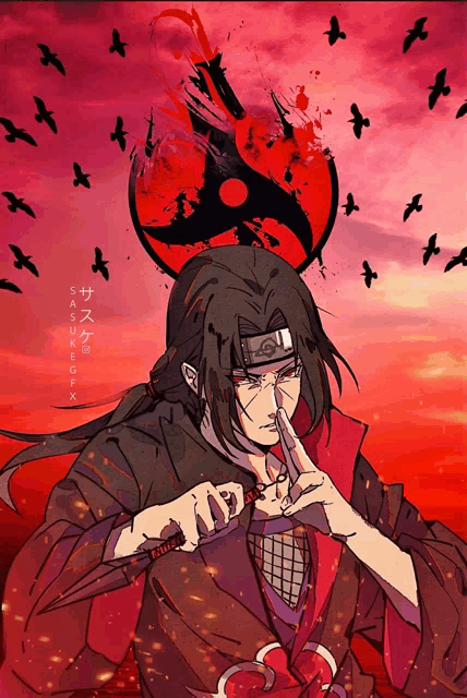 a drawing of a man holding a sword with birds flying around him and a red background