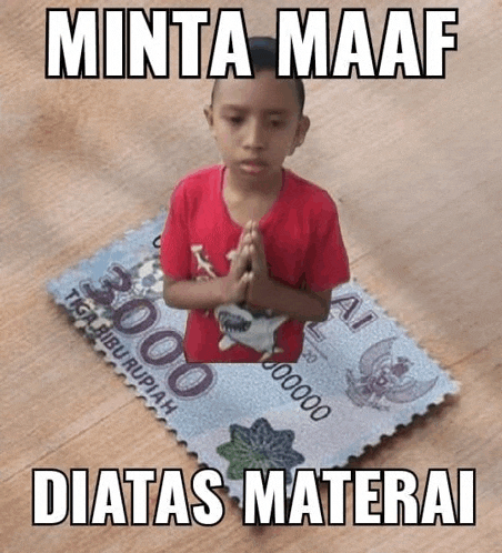 a young boy in a red shirt is praying on a postage stamp that says 3000 rupiah .