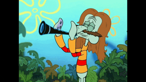 a cartoon character with long hair and a mustache playing a clarinet