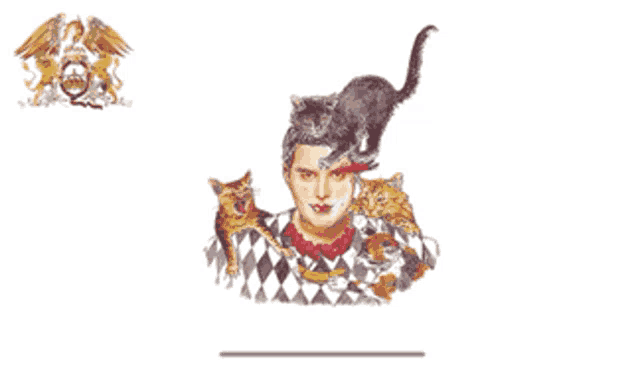 a man is surrounded by cats and a queen logo