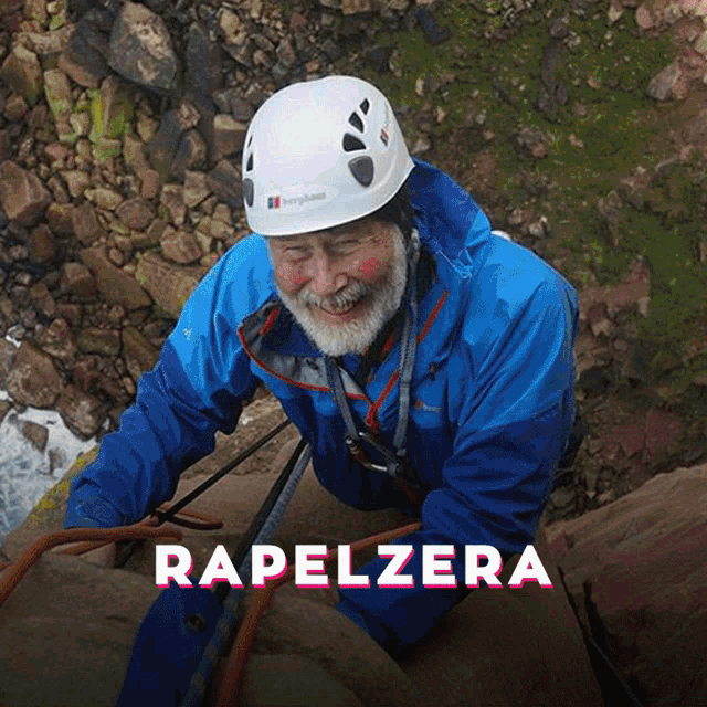 a man wearing a blue jacket and a white helmet climbs a rocky cliff with the word rapelzera written below him