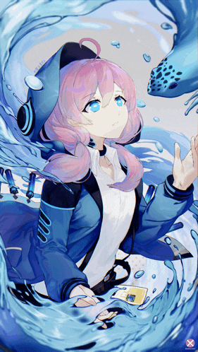 a girl with pink hair and blue eyes is surrounded by blue water