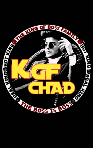 a logo for kgf chad shows a man in a suit and sunglasses