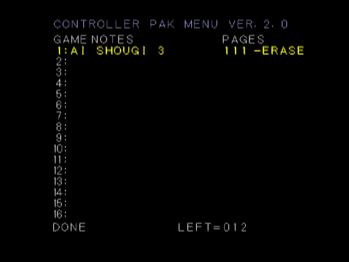 a black screen with yellow text that says controller pak menu ver 2.0 game notes