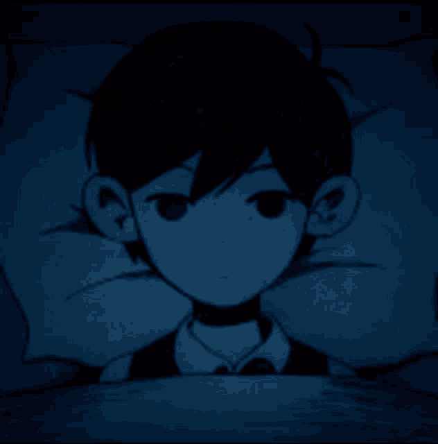 a drawing of a boy in a bed with a blue background