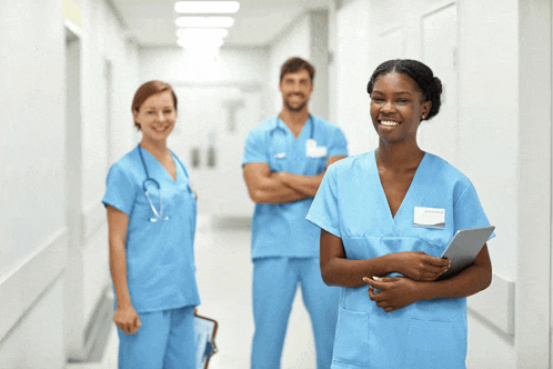 a group of doctors and nurses are standing in a hallway smiling