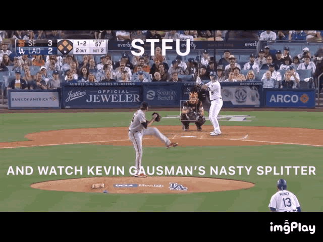 a screenshot of a baseball game with the words stfu and watch kevin gausman 's nasty splitter on the bottom