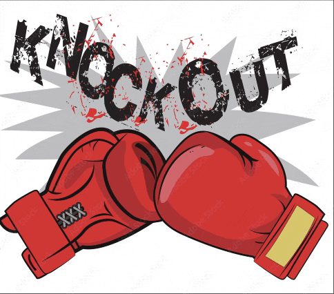 a pair of red boxing gloves with the word knockout written in black