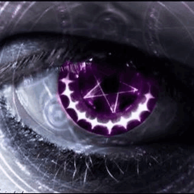 a close up of a person 's eye with a pentagram in it