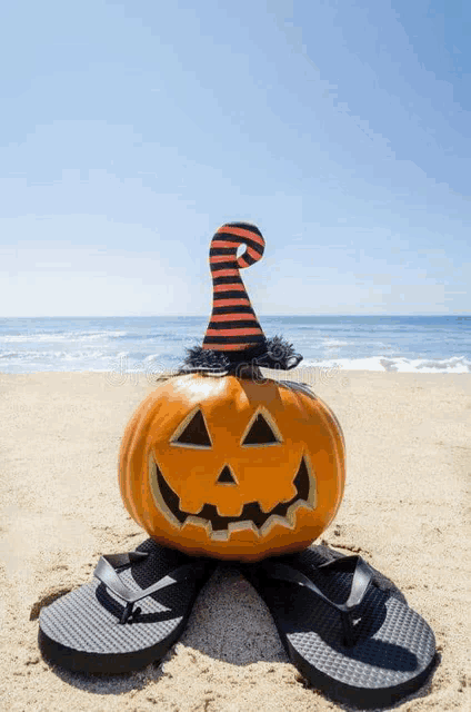 a halloween pumpkin wearing a witch hat and flip flops is on the beach .