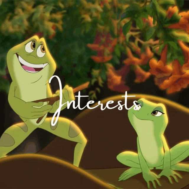 a picture of two frogs with the words interests written above them