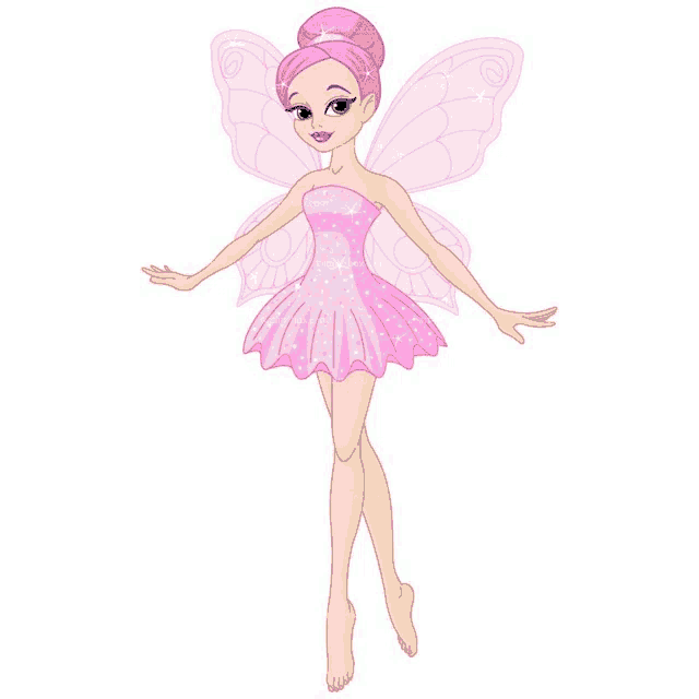 a fairy in a pink dress and wings is standing on a white background