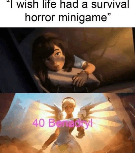 a meme that says " i wish life had a survival horror minigame " with a picture of an angel holding a gun