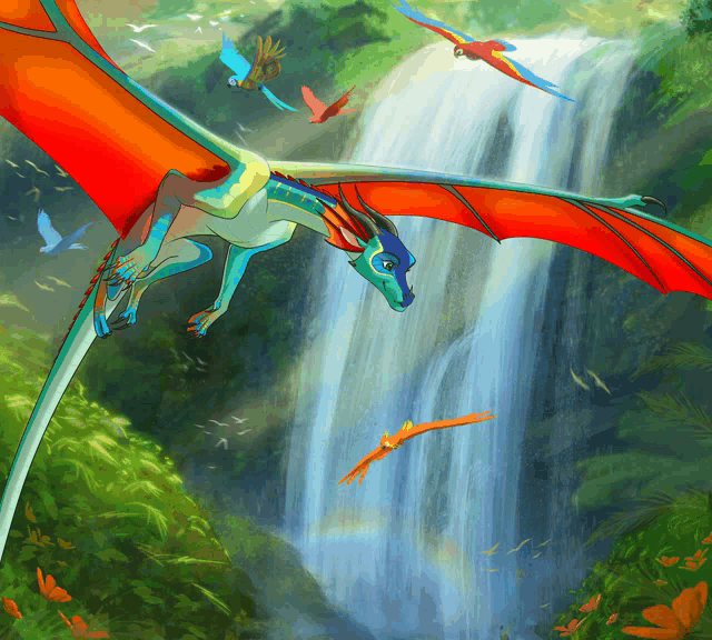 a dragon is flying over a waterfall in a painting