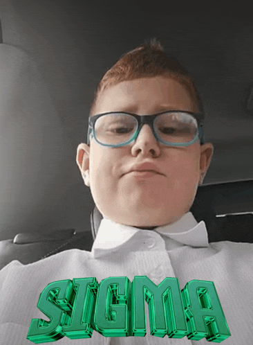 a boy wearing glasses and a white shirt with the name sigma written on it