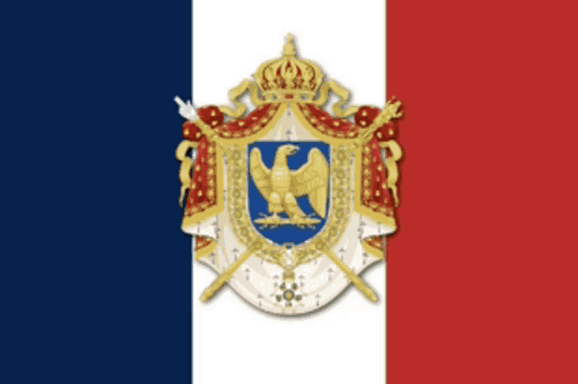 a red white and blue flag with a coat of arms