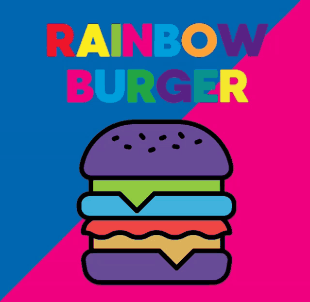 a rainbow colored hamburger is on a blue and pink background