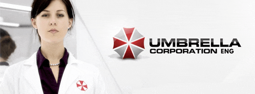 a woman in a lab coat with an umbrella corporation logo behind her