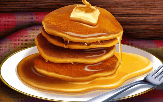 a stack of pancakes on a plate with syrup and butter on top