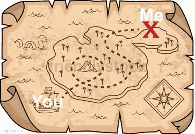 a treasure map with a red x pointing to an island