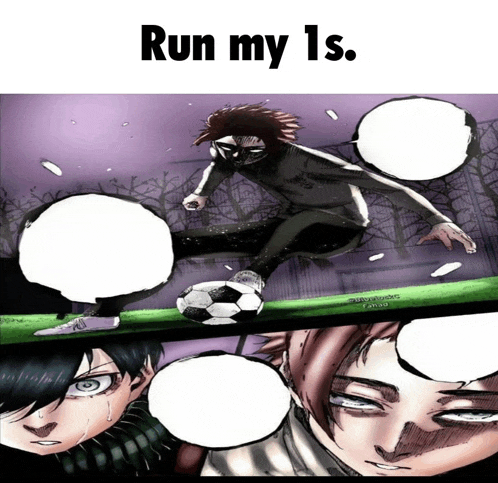 a cartoon of a man kicking a soccer ball with the words run my 1s