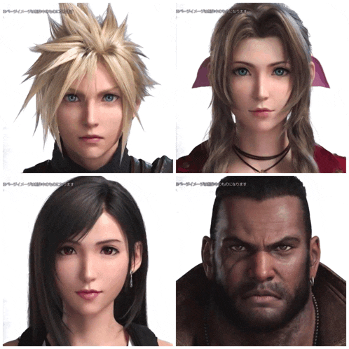 a collage of four images of cloud strife tifa and barbell from final fantasy