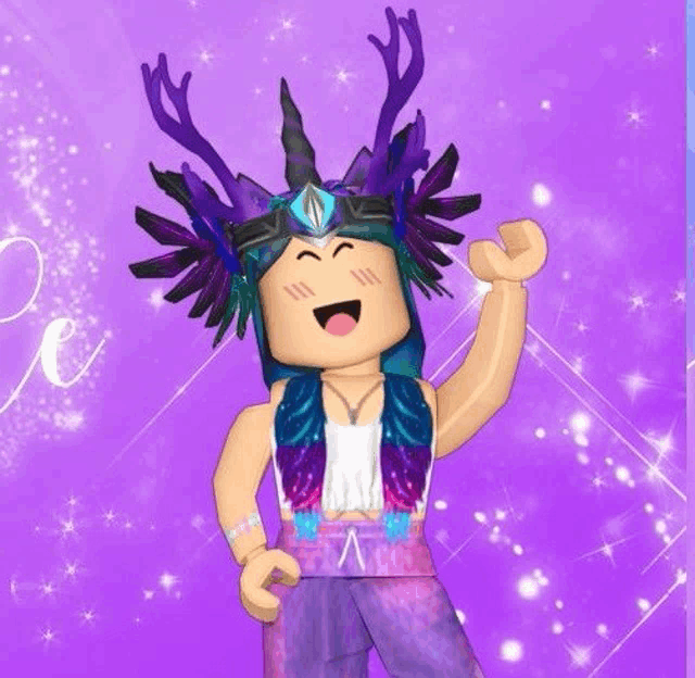 a girl with blue hair and antlers on her head is wearing a purple outfit .