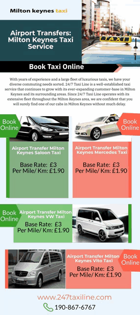 a flyer for milton keynes taxi shows a variety of taxis