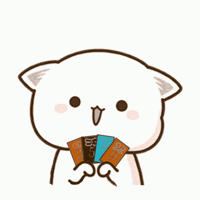 a cartoon cat is holding a bunch of cards in its hands .