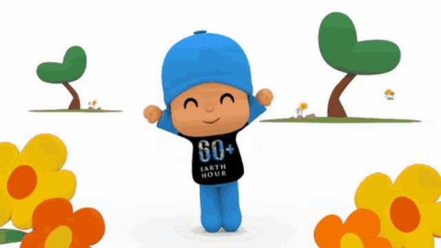 a cartoon character wearing a black shirt that says 60+ earth hour