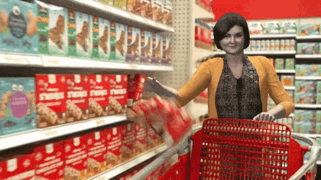 a woman pushing a shopping cart in a grocery store with boxes of strawberries and cream on the shelves behind her