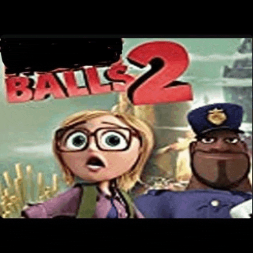 a cartoon character is standing next to a police officer and a sign that says balls 2 .