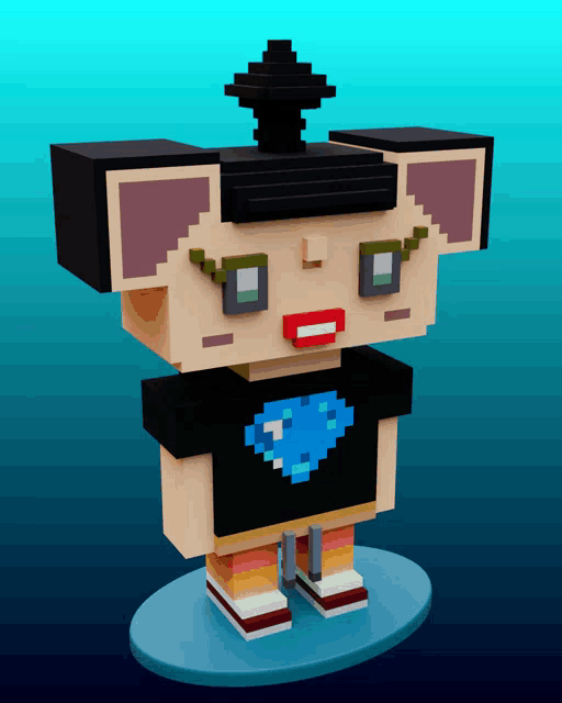 a cartoon character wearing a black shirt with a blue heart on the front