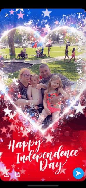 a happy independence day photo of a family in a heart shaped frame