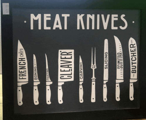 a black and white sign that says meat knives on it