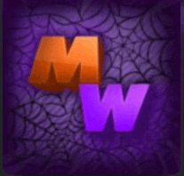 a purple background with a spider web and the letter m and w