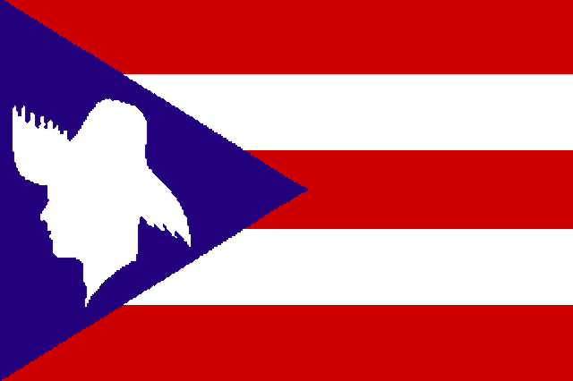 a red white and blue flag with a silhouette of a bird on it