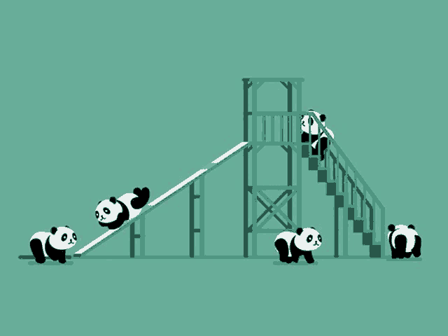 a group of panda bears on a slide and stairs