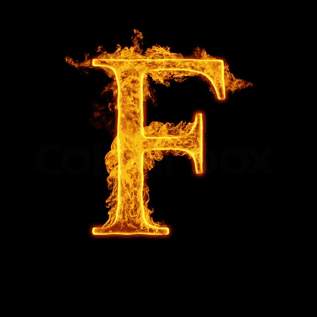 the letter f is surrounded by flames and smoke on a black background