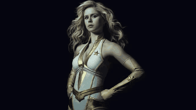 a woman in a white and gold superhero costume