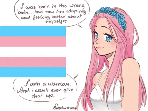 a drawing of a girl with pink hair and a speech bubble that says i was born in the wrong body