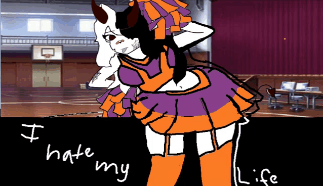 a drawing of a cheerleader with the words " i hate my life " at the bottom