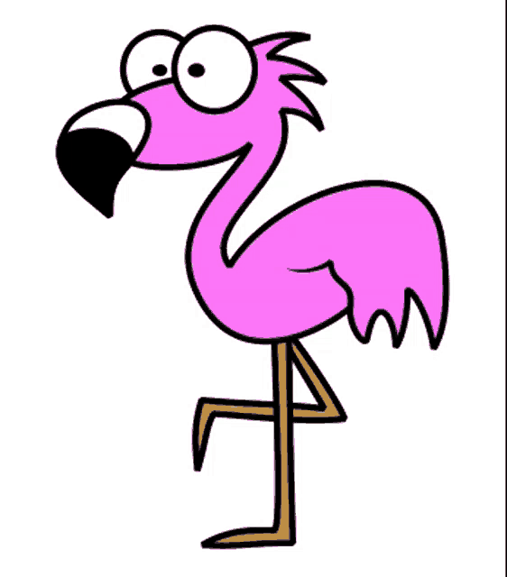 a cartoon flamingo with big eyes is standing on one leg .