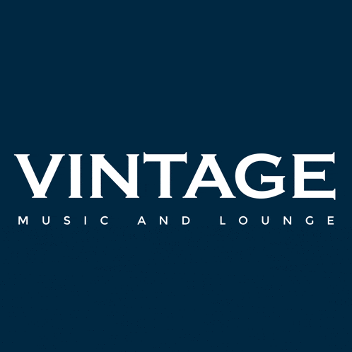 a logo for vintage music and lounge against a dark blue background